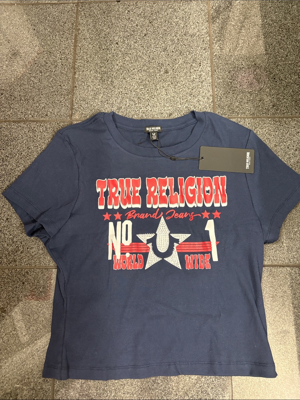 True Religion Navy Short Sleeve Graphic Tee with Red & White Logo